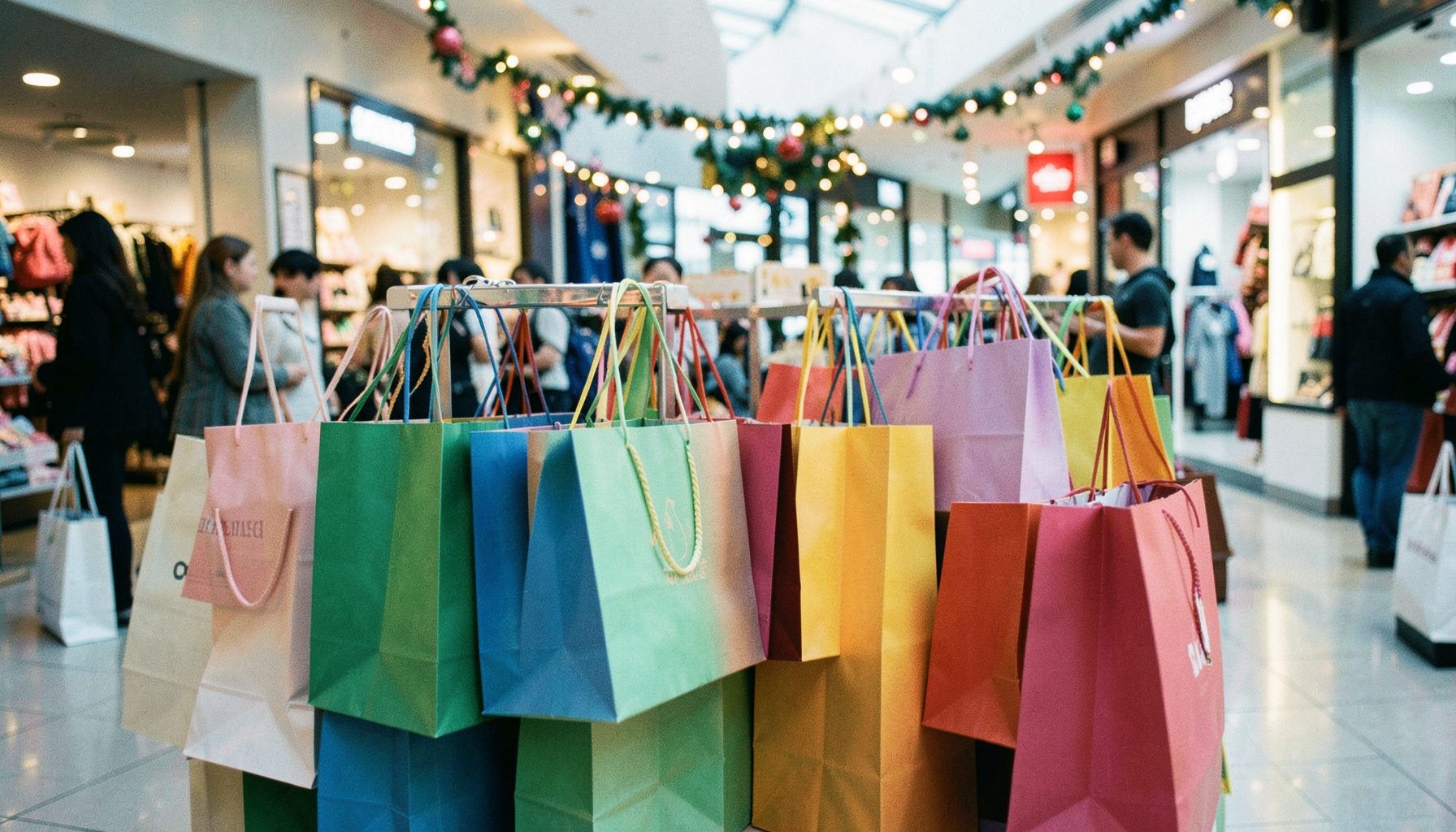 Colorful shopping bags and retail displays in a mall setting with warm lighting; festive and inviting mood