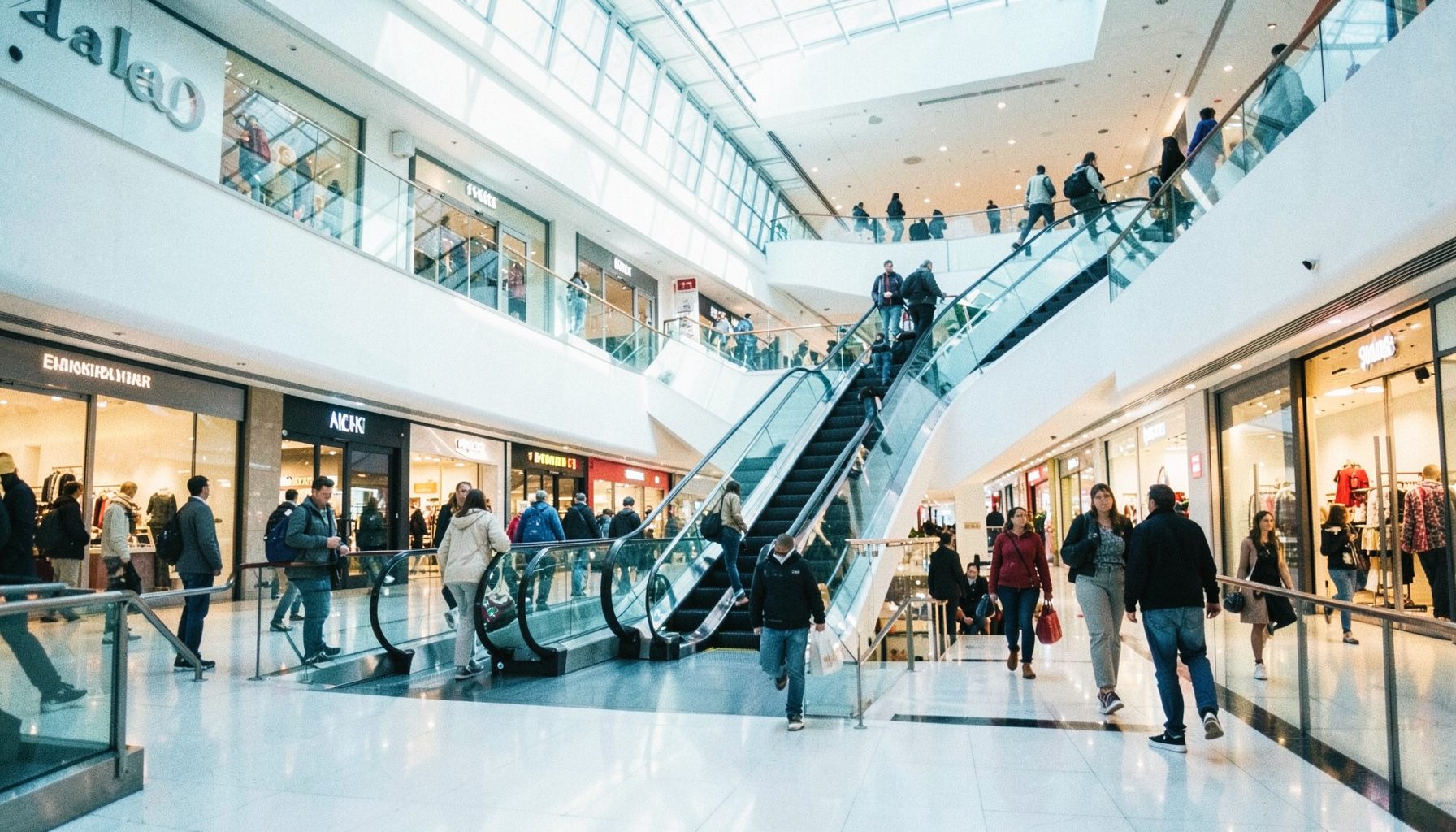 Brightly lit shopping mall interior with escalators, storefronts, and shoppers browsing; warm, inviting atmosphere