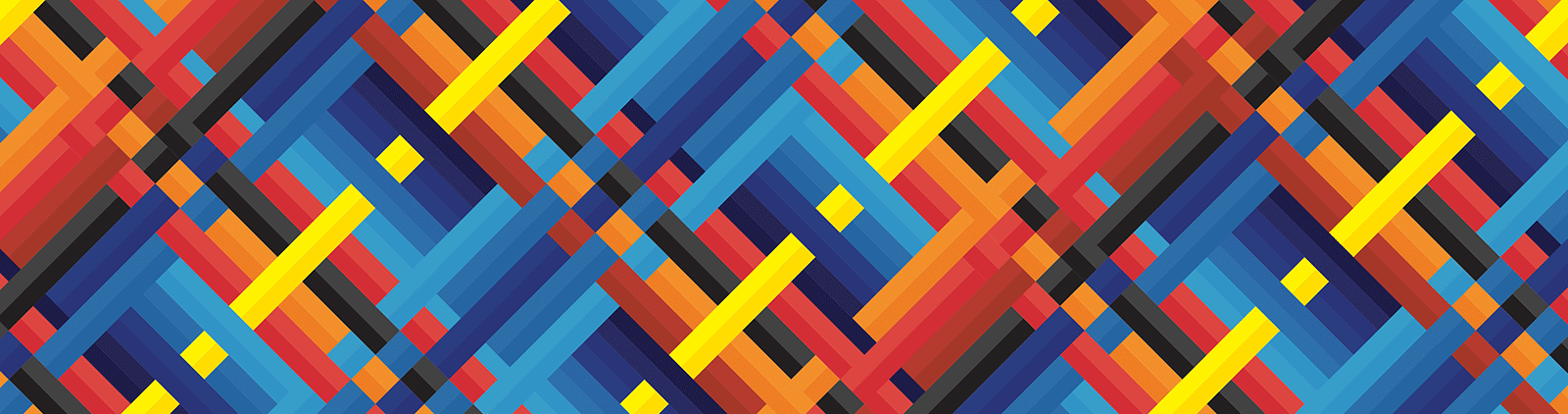Abstract geometric pattern of diagonal interwoven stripes in red, blue, yellow, orange, and black