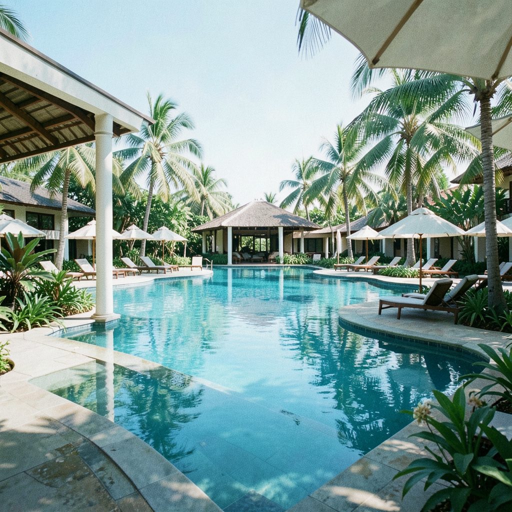 Tropical resort with palm trees, pool, and ocean view under bright blue sky