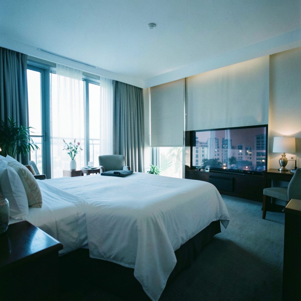 Bright hotel room interior with clean modern furnishings and soft neutral tones