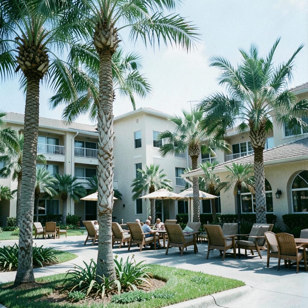 Palm-lined resort property with tropical landscaping and clear skies