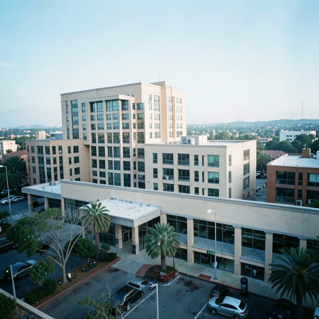 Modern hotel building exterior with clean architectural lines under a bright sky